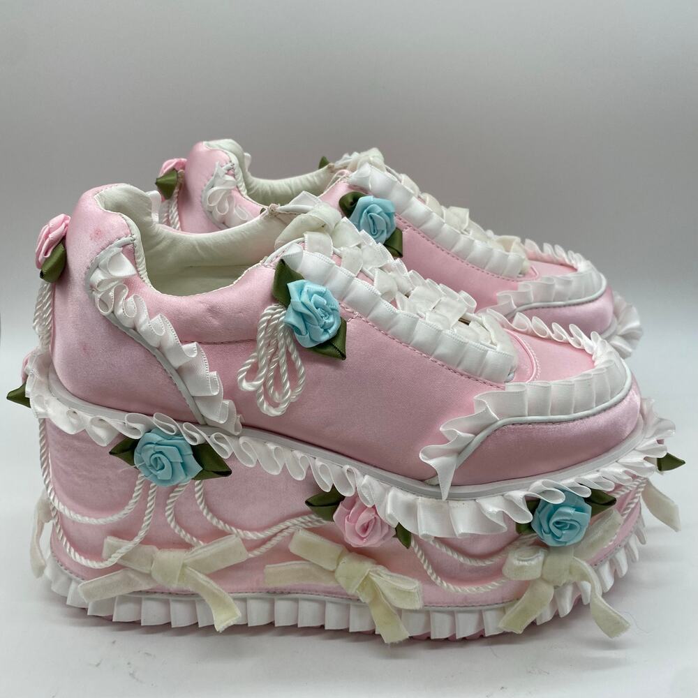 Dolls Kill Sugar Thrillz High Top Sneakers Pink Cake Ruffles Roses Women size 5